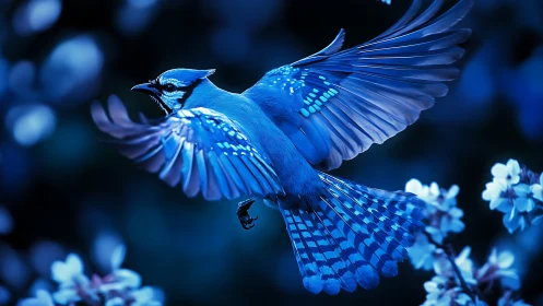 Blue Jay in Flight Among Blossoms, Vivid Nature Photography.