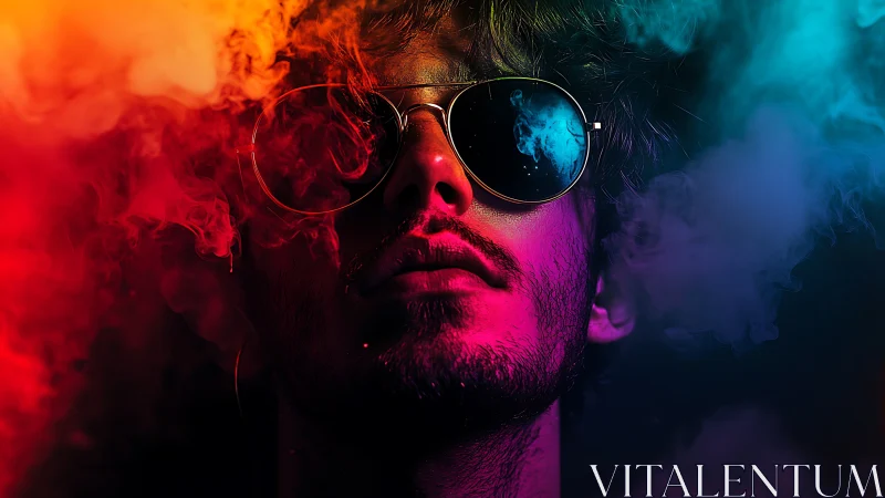 Neon smoke crowns a mirrored gaze in prismatic twilight haze