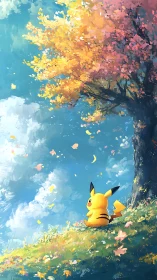 Pikachu under luminous autumn tree in painterly landscape.
