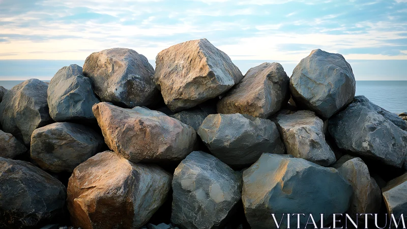 Coastal riprap breakwater with angular boulders under soft sky light