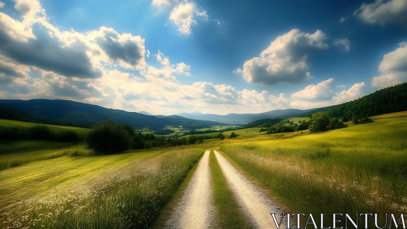 Rural dirt track under cumulus sky with panoramic valley view.