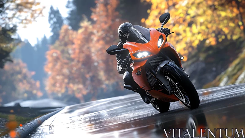 Sport motorcycle on wet autumn road in dynamic lean.