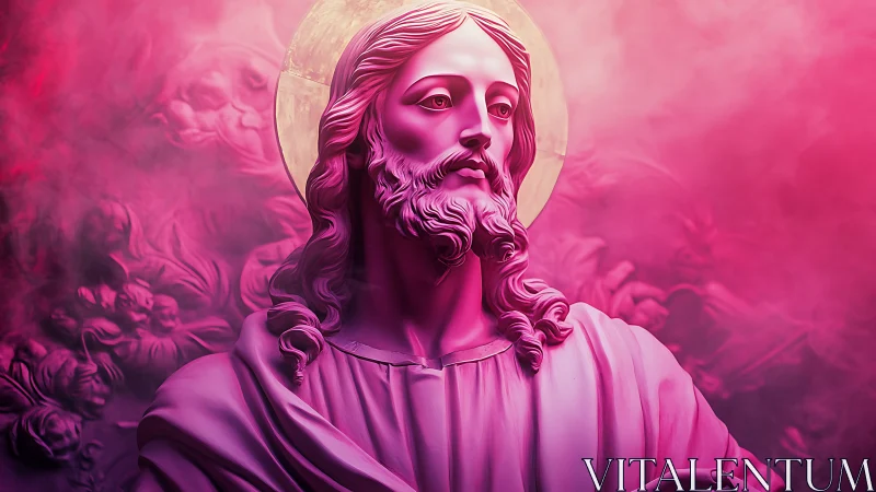 Monochromatic magenta statue with halo under cinematic volumetric lighting
