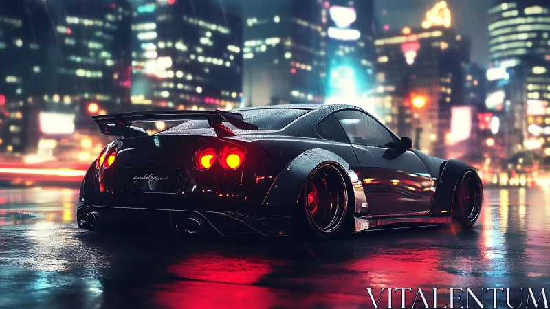 Widebody black sports car under neon city rainstorm.