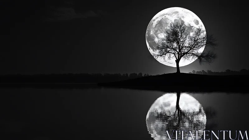 Monochrome lunar landscape frames silhouetted tree and reflection