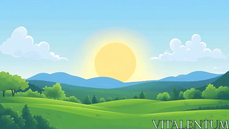 Soft sunrise glows over rolling green hills and distant mountains