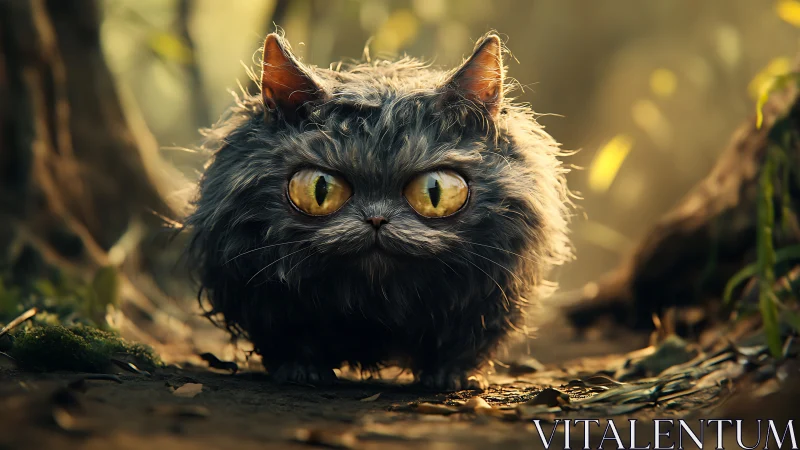 Forest puffball cat with curious golden moonlit eyes.