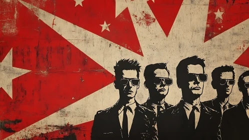 Stylized suited figures before bold red starburst backdrop.
