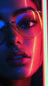 Neon-lit portrait close-up with reflective lenses and wet skin.
