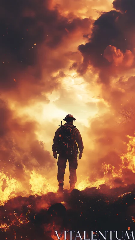 Firefighter Silhouette Against Raging Wildfire Inferno.