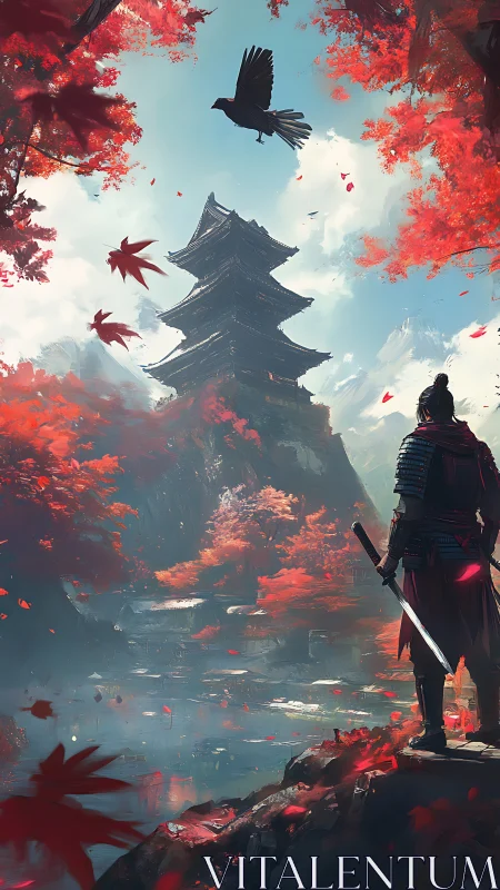 Samurai overlooking tiered pagoda amid autumn maple ravine