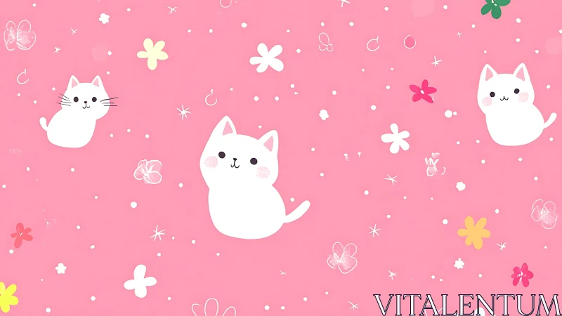Playful White Cats Among Flowers on Pink Background