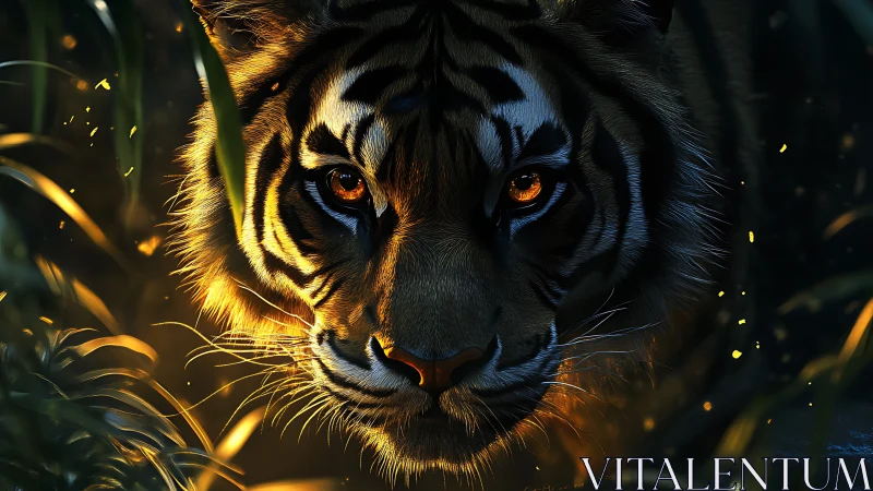 Digital painting close-up of tiger in dramatic rim lighting.