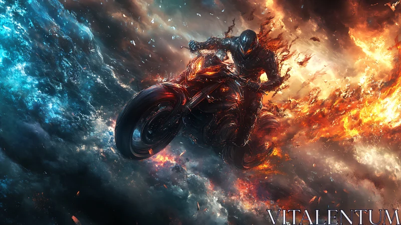 Armored rider on fiery motorcycle in stormy sky.