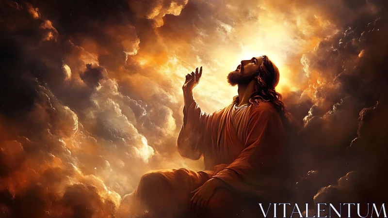 Robed figure in clouds with raised hand toward bright light.