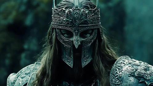 Armored warrior stares forward wearing ornate metal helmet