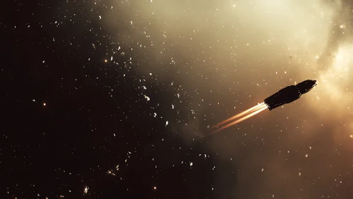 Cozy starship drifting through a glowing, starlit nebula.