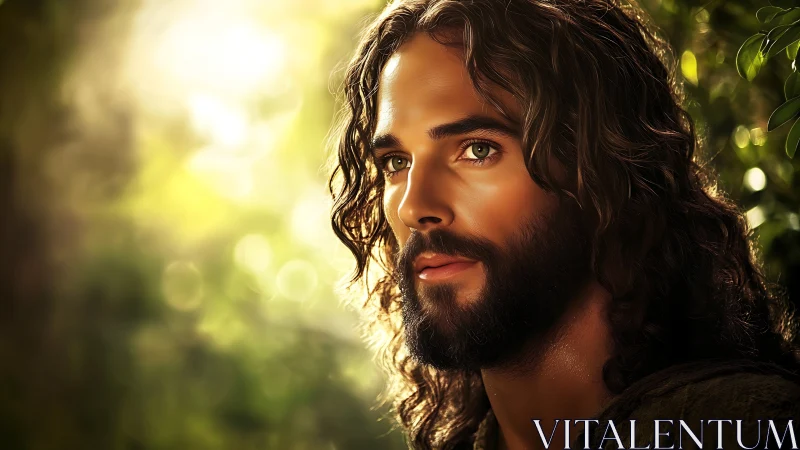 Photorealistic bearded man in golden forest bokeh lighting.