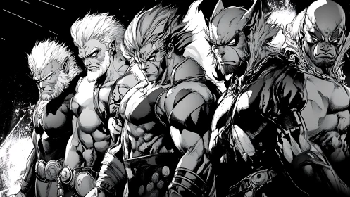 Storm-forged warrior pack standing in bold monochrome ranks.