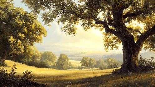 Sunlit oak foreground framing hazy golden pastoral valley