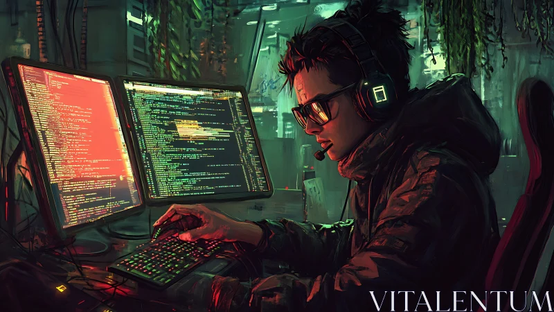 Midnight coder bends neon light into cascading lines of logic