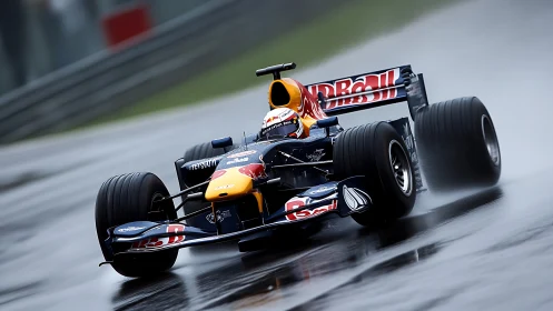 Sleek Formula race car carving bold lines on wet asphalt.
