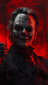 Sinister puppet clown stares from fiery red darkness.