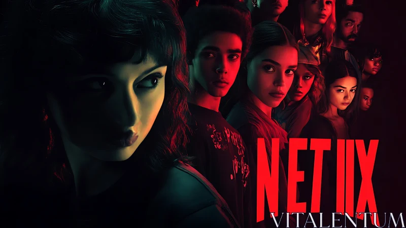 Moody neon-lit faces gathered in a suspenseful red glow.