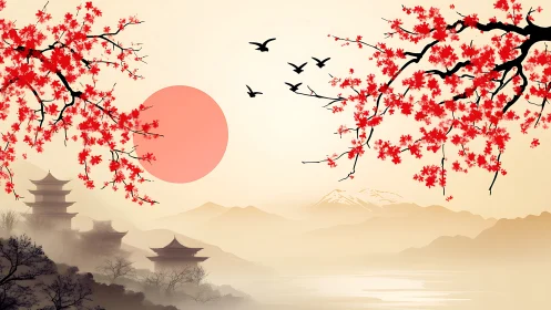 Red maple branches frame tranquil pagoda sunrise landscape.