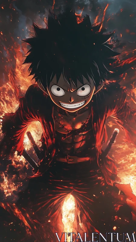 Grinning fireborn fighter marches through roaring emberscape.