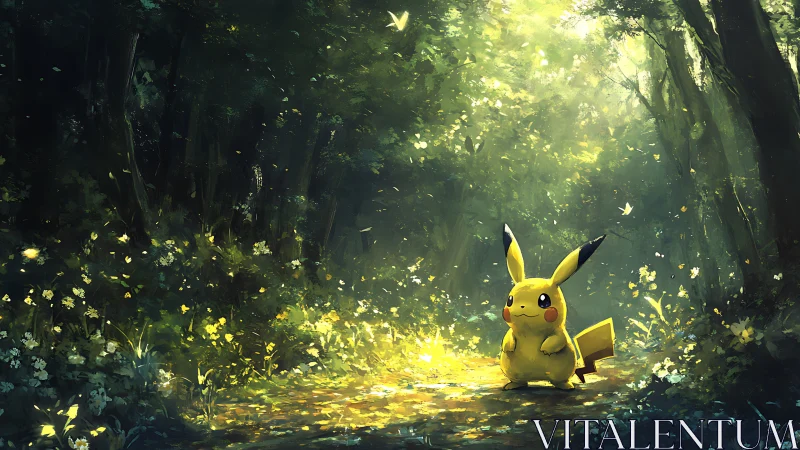 Sunlit forest welcomes a curious yellow creature with wonder