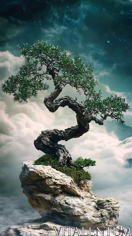 Twisted bonsai tree grows on rugged rock above clouds