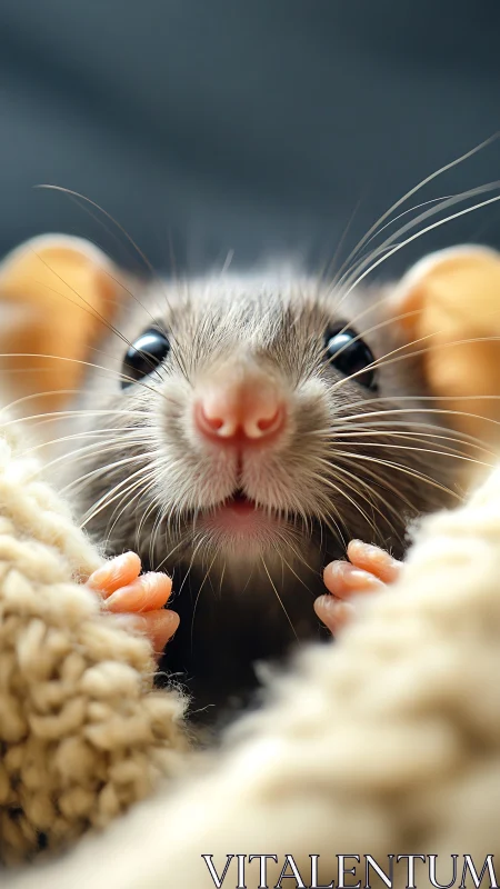 Close macro portrait of small rat between soft blankets.