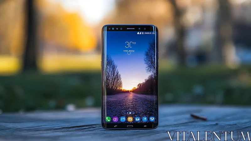 Samsung Galaxy Note smartphone displaying landscape at sunset.