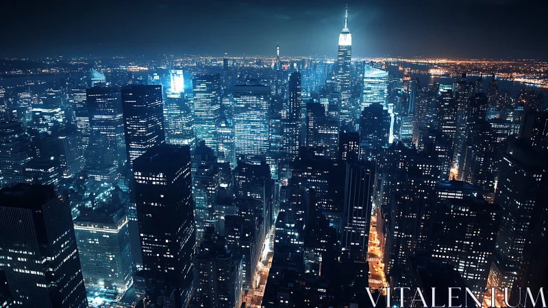Dense nighttime city skyline shows illuminated high-rises