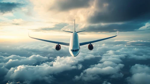 Commercial jetliner cutting through dramatic sunset clouds.