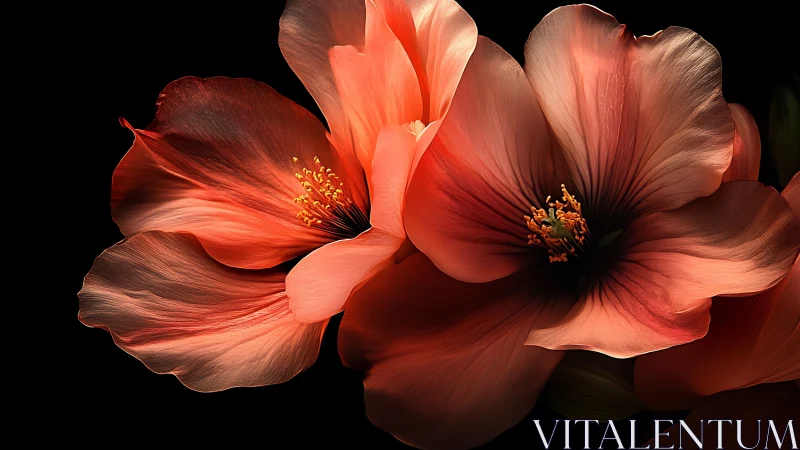 Radiant Red Flowers Bloom with Golden Hearts Against Black