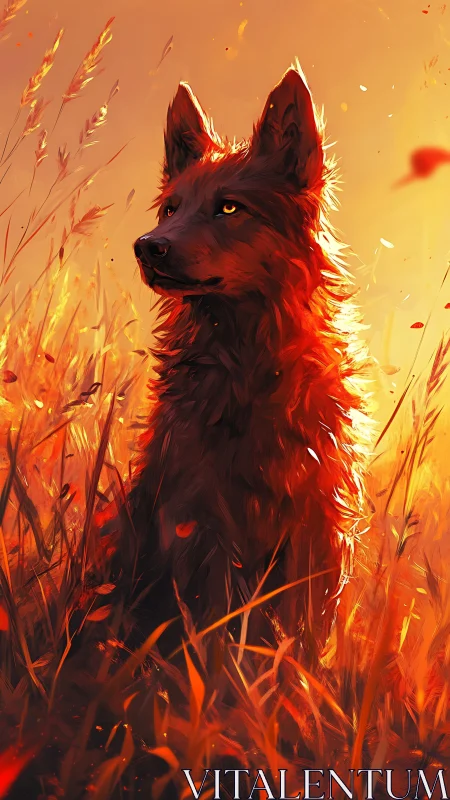 Canine figure sits in tall grasses under strong orange light
