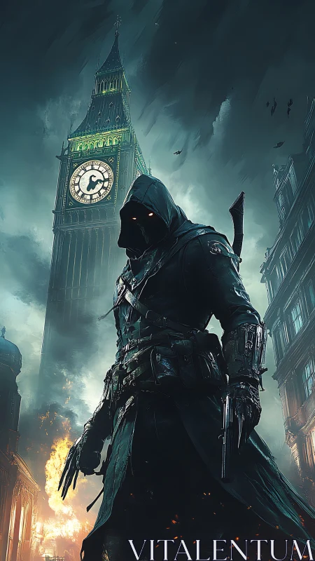Cloaked vigilante before Big Ben in dystopian digital painting.