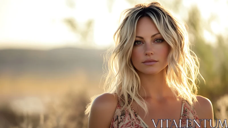Sunlit portrait of blonde woman in soft golden bokeh field.