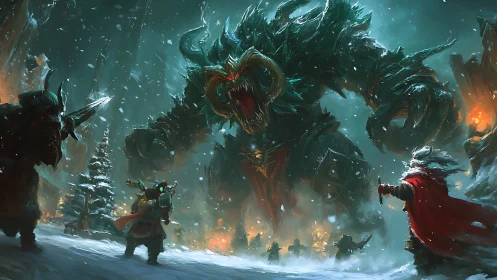 Colossal ice demon towers over warriors in burning snowfield
