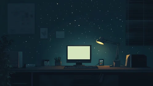 Cozy night workspace glowing softly beneath digital stars.
