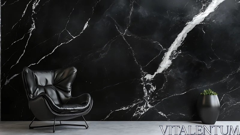 Black leather chair against large black marble wall.