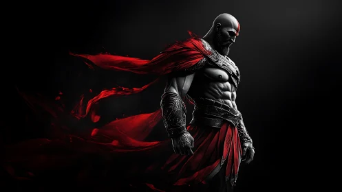 Armored warrior with red cape stands in dramatic side view