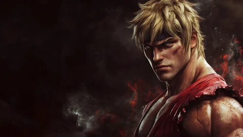 Battle-worn fighter stands strong in swirling ember light.