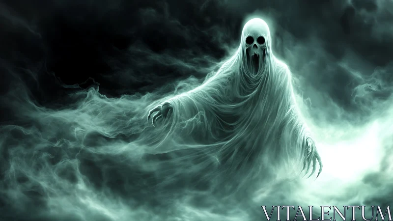 Spectral wraith rising from swirling emerald mist clouds.