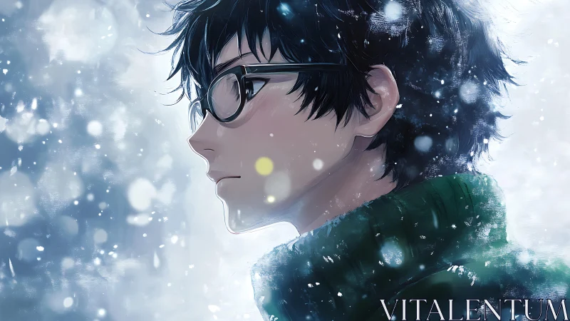 Side profile of young male figure in falling winter snow.