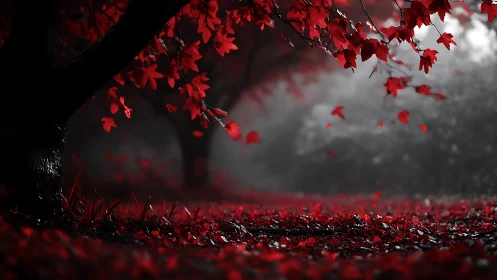 Crimson leaves whisper quietly across a mist-dim forest floor