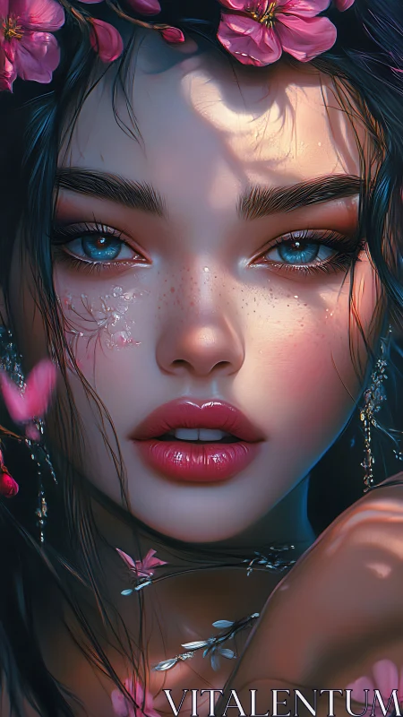 Blossom-eyed dreamer with sapphire gaze and moonlit petals.