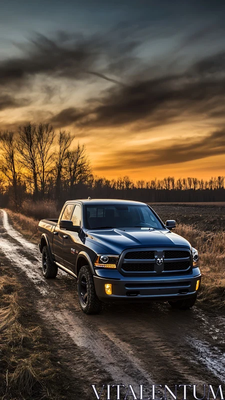 Off-road pickup truck on muddy rural track under dramatic sunset